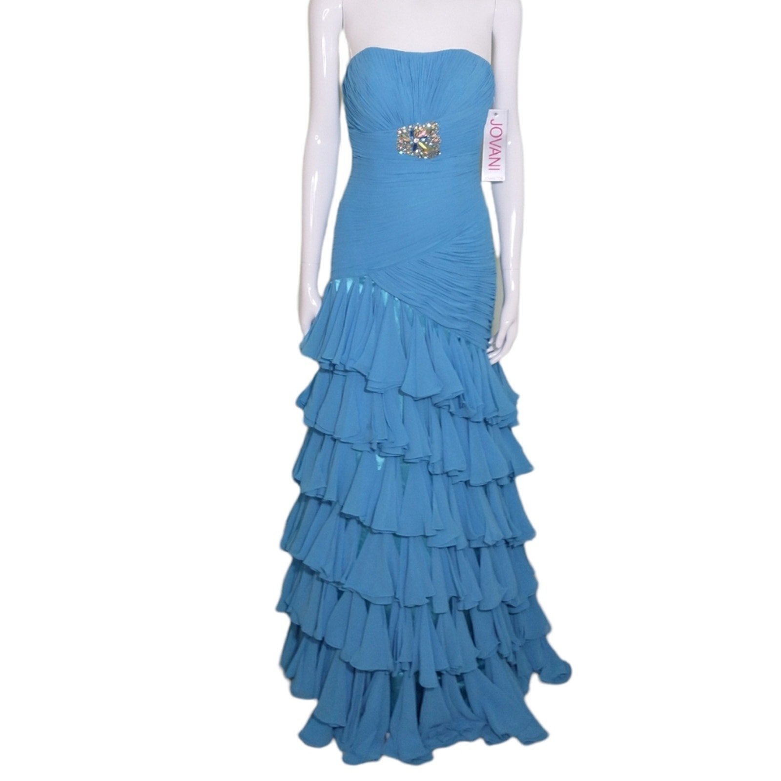 Jovani Strapless Evening Gown Size S Blue Rhinestone Ruffled Ruched Maxi Dress