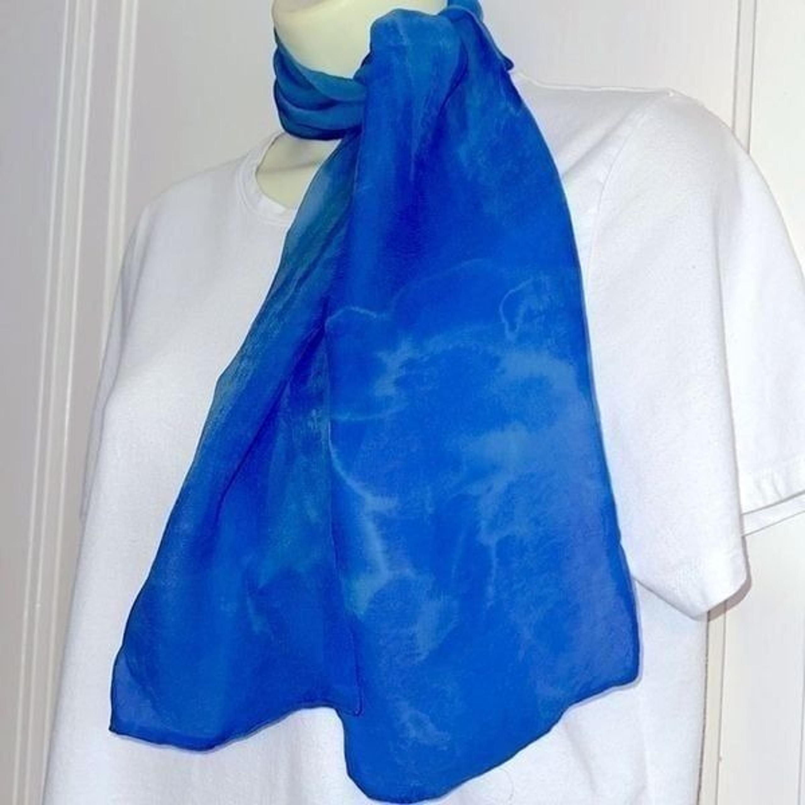 Vintage blue & aqua tie dye look thin polyester long neck scarf