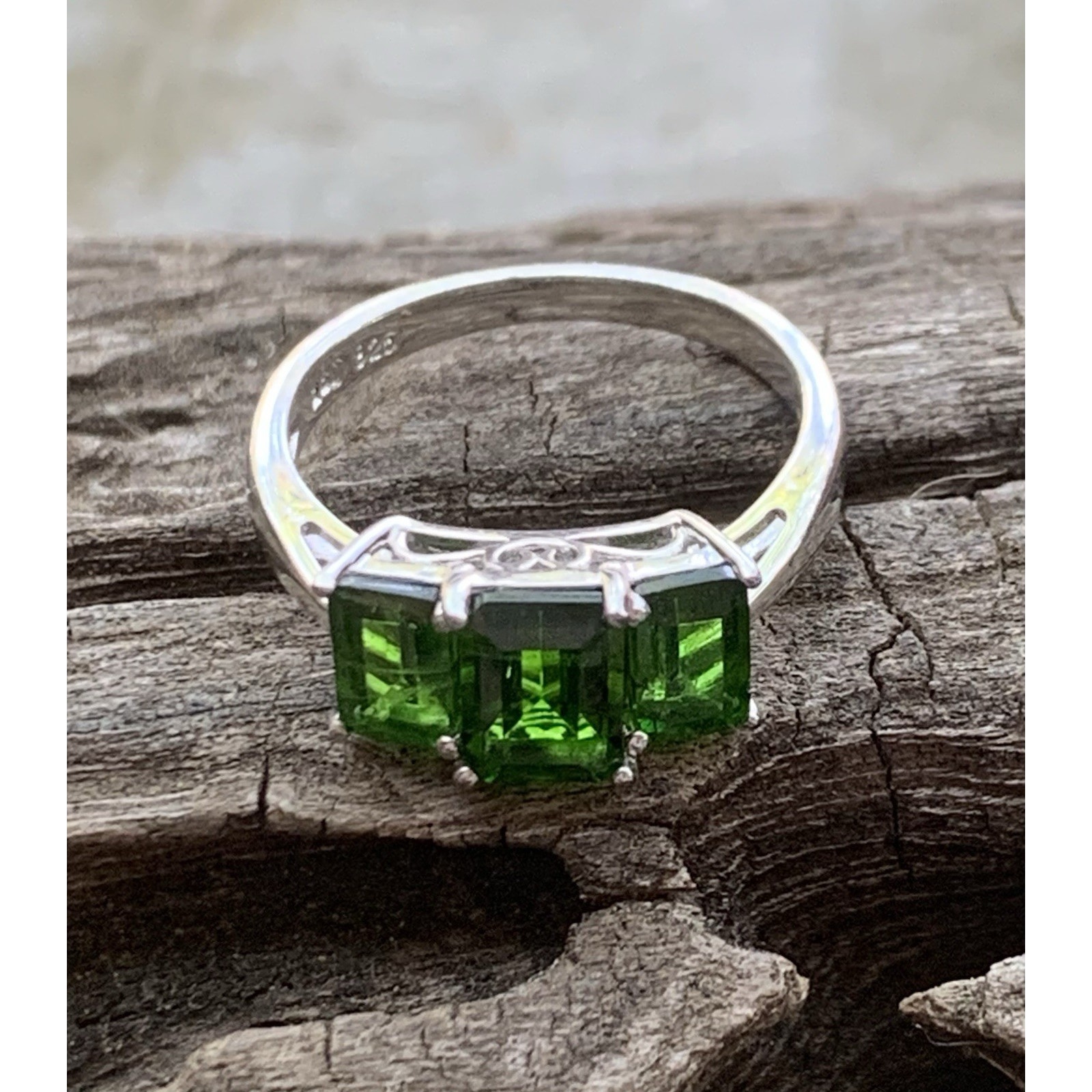 Emerald Cut 3 Stone Green Chrome Diopside Sterling Silver Ring Size 7