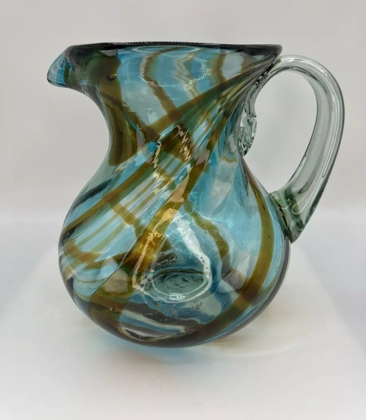 Mexican Hand Blown Art Glass Pitcher Turquoise Brown Vessel With Handle Swirl