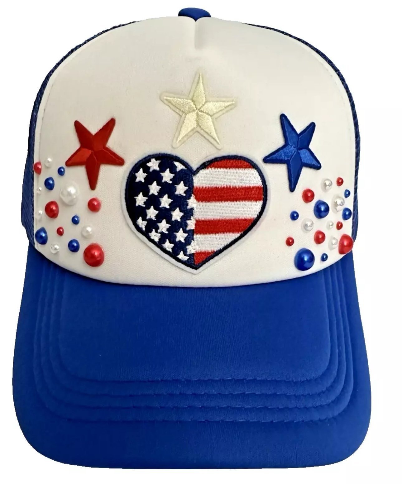 Custom Blue & White PEARL Embellished 1-of-1 Patriotic USA Themed Trucker Hat