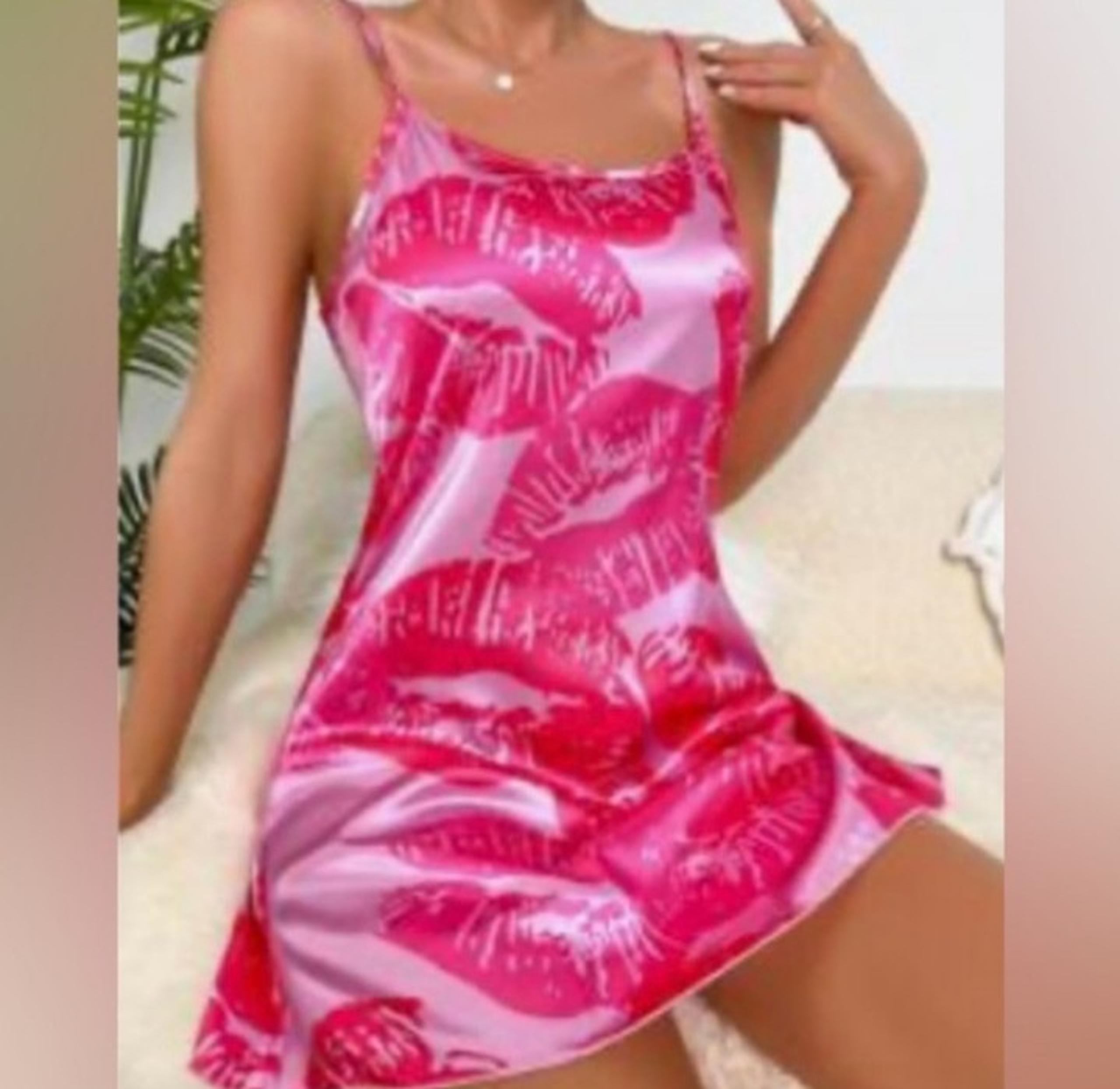 Pink Kiss Lip Prints Lingerie Satin Mini Slip Dress Nightgown PJ's Lounge Wear