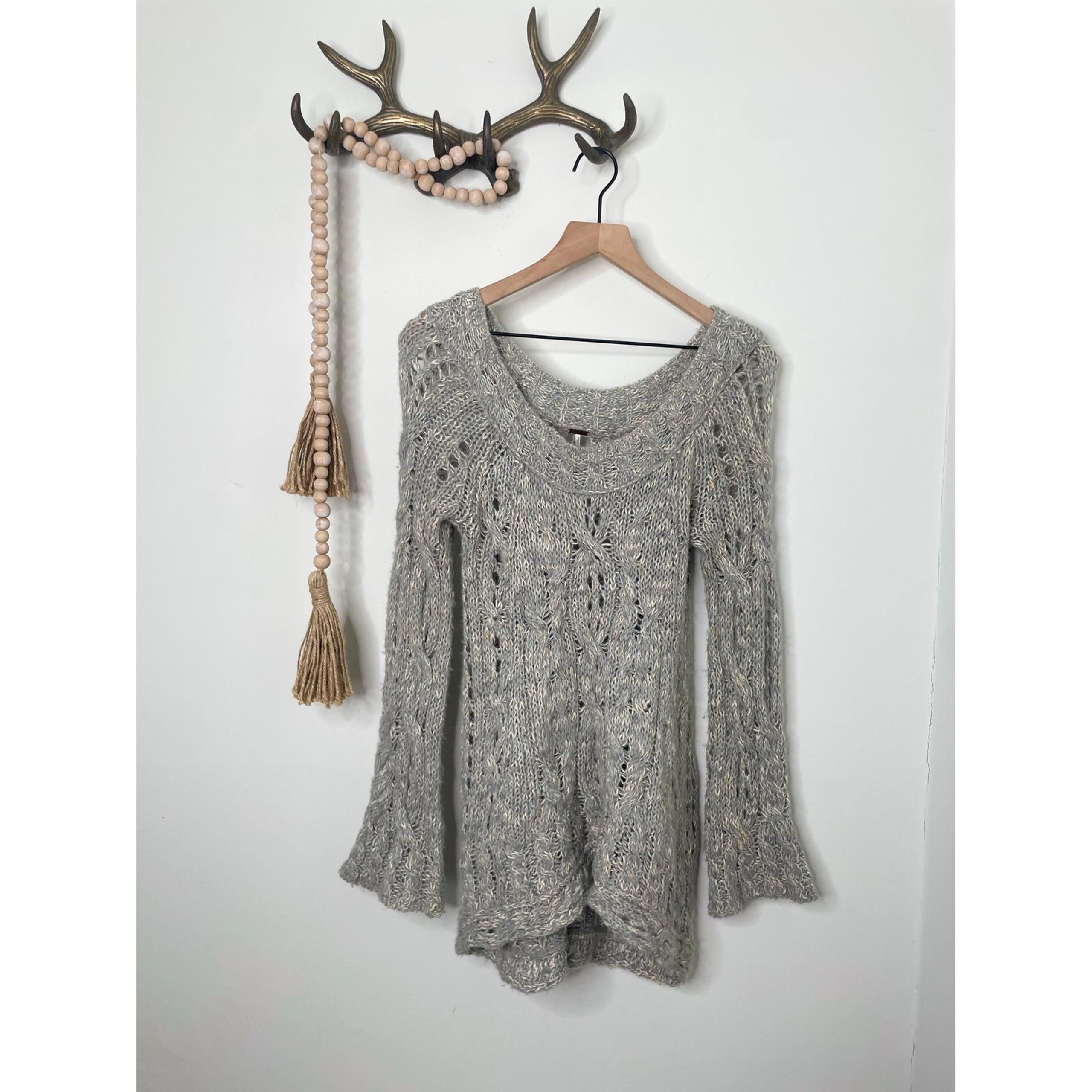 Free People Wool Sweater Small Gray Scoop Neck Open Knit Off Shoulder Bohemian