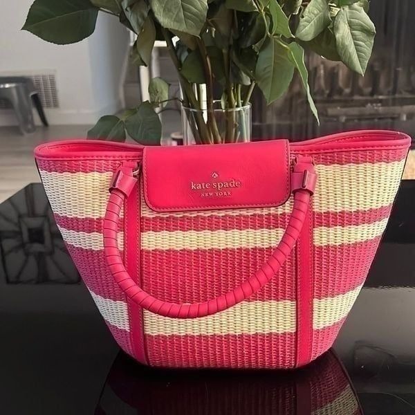 NWT Kate Spade Cruise Medium Striped Straw Tote Crossbody Bag pink