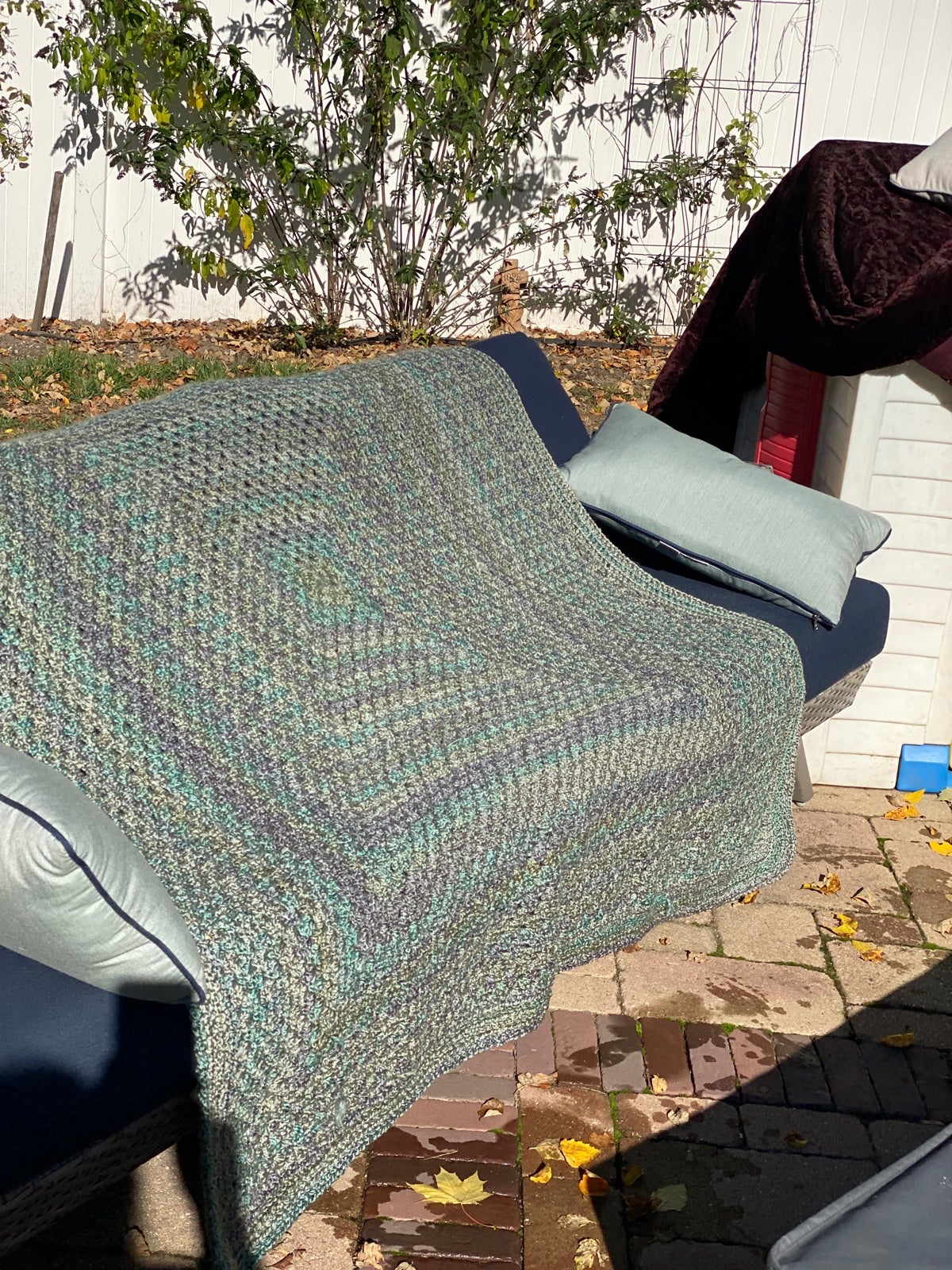 Handcrafted  Greens  Afghan 64” Sq Queen Size