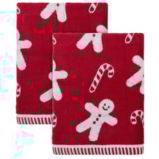 Set of 2 Bath towels with print of gingerbread man& candy cane