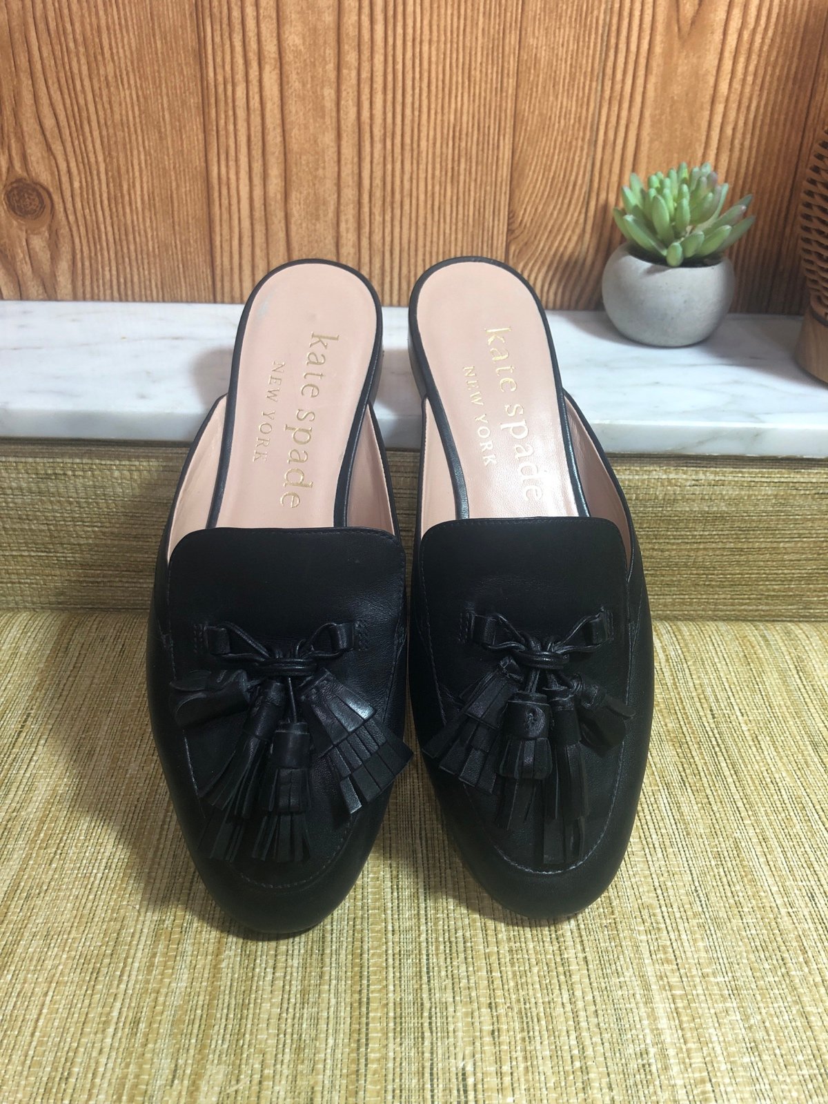 KATE SPADE New York Black Cadenza Mules Slip on Black Leather Flats size 8