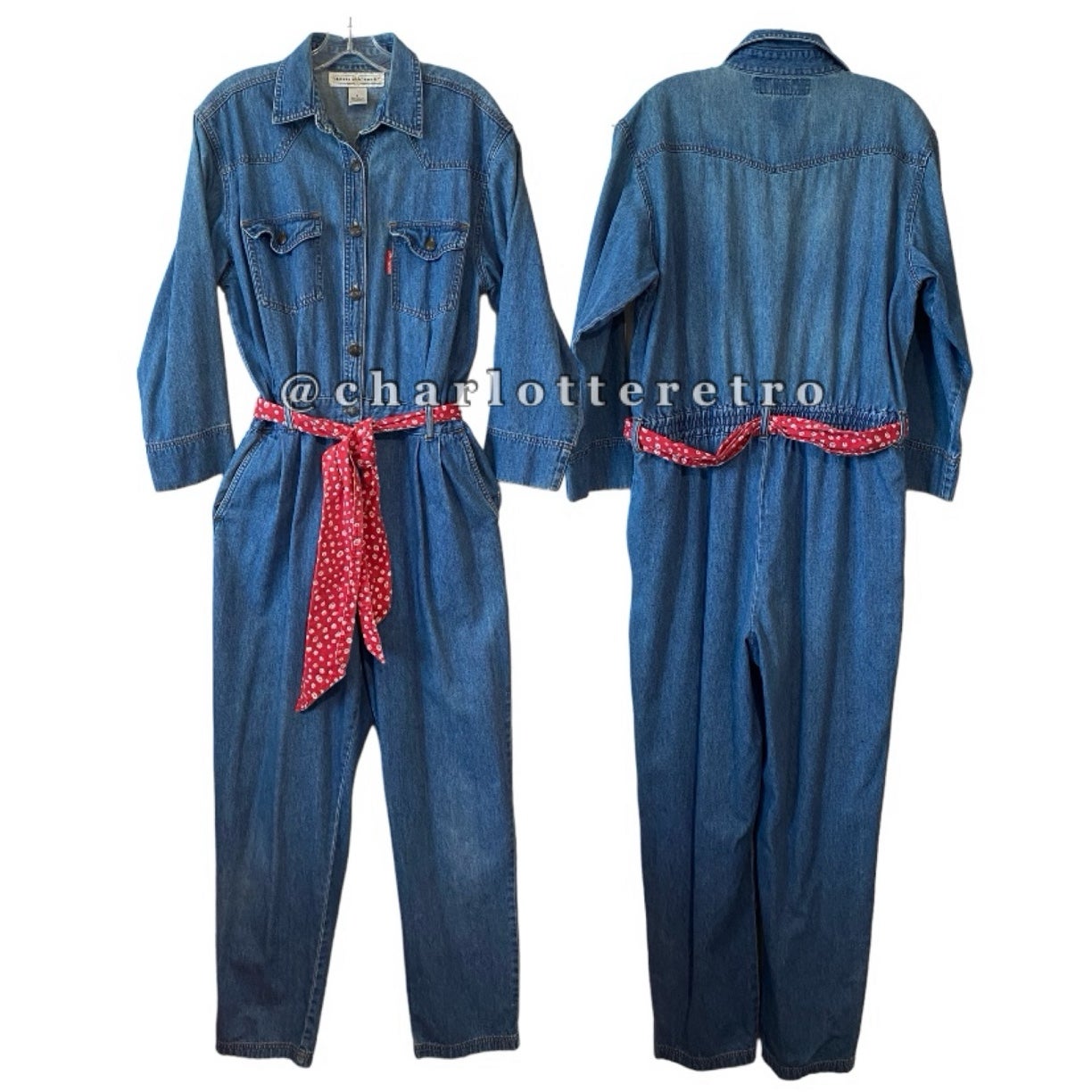 vtg Denim Jumpsuit Jumper w Red Bandana Belt