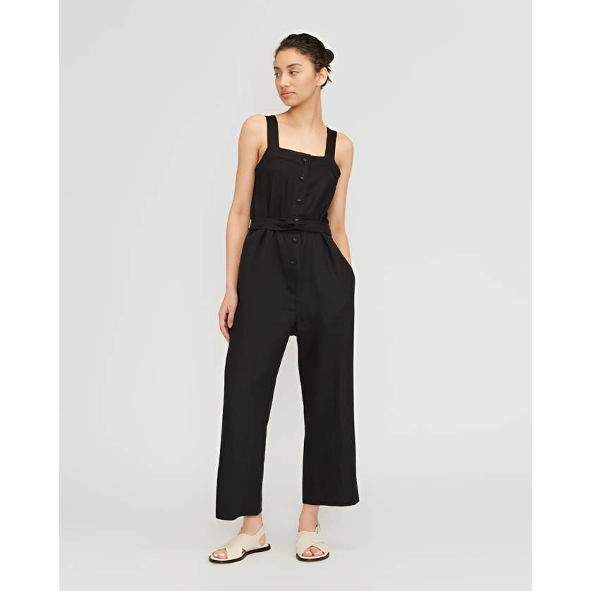 Everlane The Linen Jumpsuit in Black Size 00 Button Front Sleeveless Casual