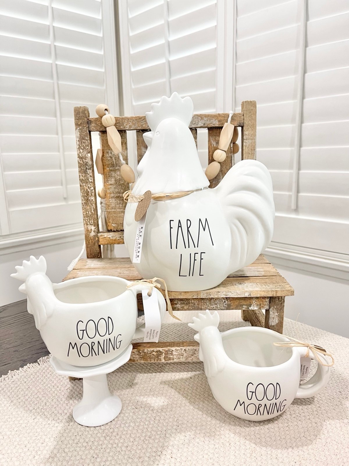 Rae Dunn “FARM LIFE” rooster canister and set of 2 “GOOD MORNING” rooster mugs