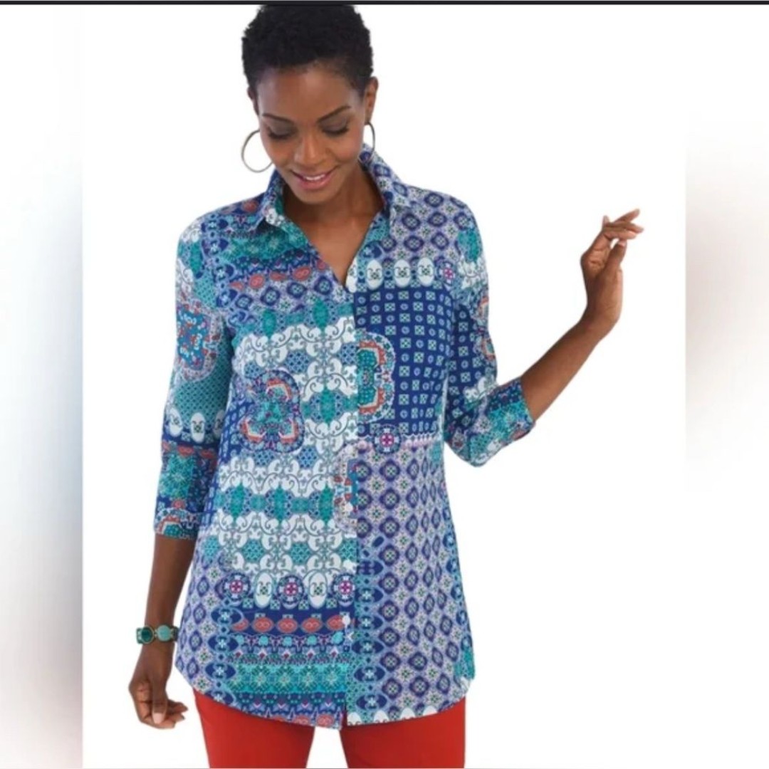 Chico's Blue and White 3/4 Sleeve Graphic Tunic size 2 or L