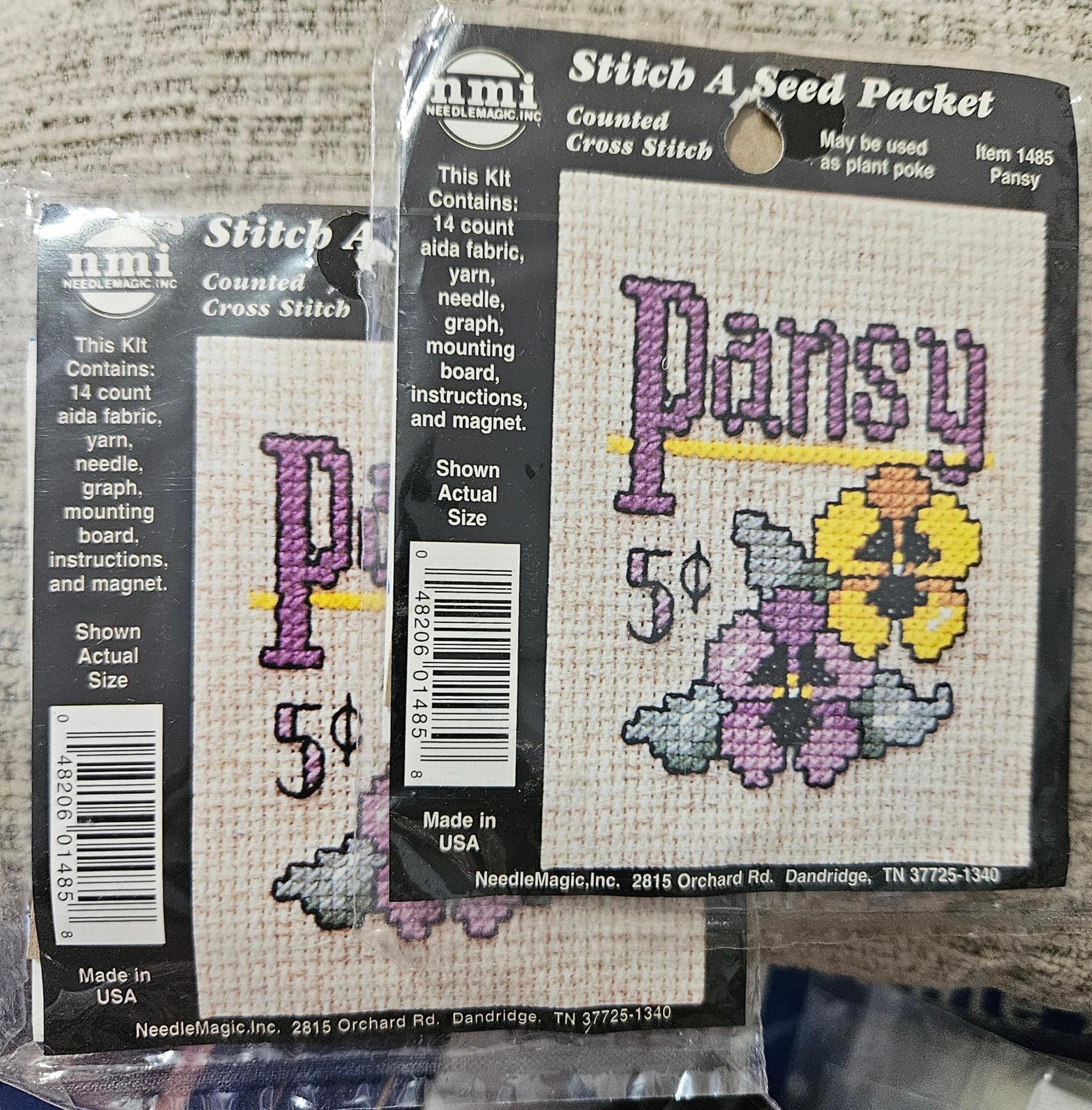 2 NMI Kits PANSY ~ Stitch A Seed Packet Counted Cross Stitch Kit #1485 Magnet