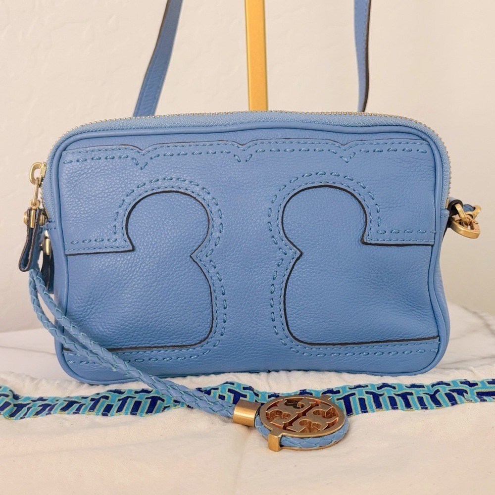 Tory Burch Amalie Adjustable Mini Bag in Perwinkle Blue Gold Accents Crossbody