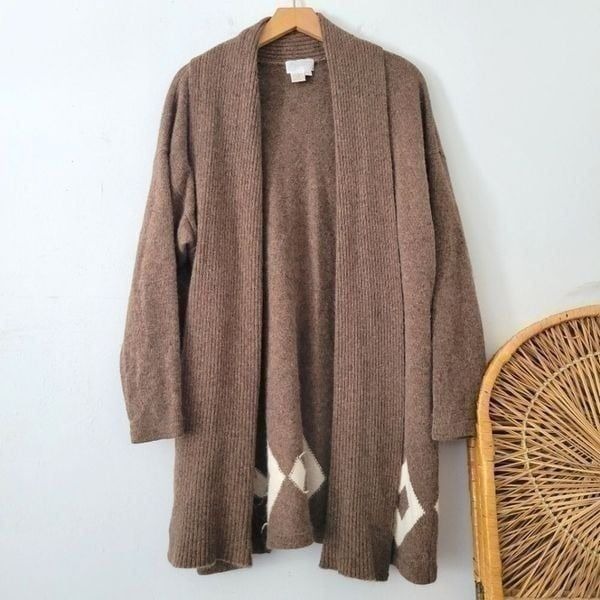 Apart Lambswool/Angora Cardigan Sweater Diamond Pattern Heather Brown/Cream M