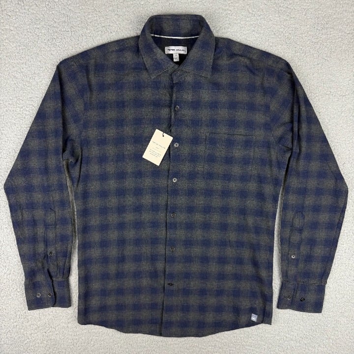 Peter Millar Shirt Mens Small S Navy Blue Grey Terrace Flannel Plaid Button Up