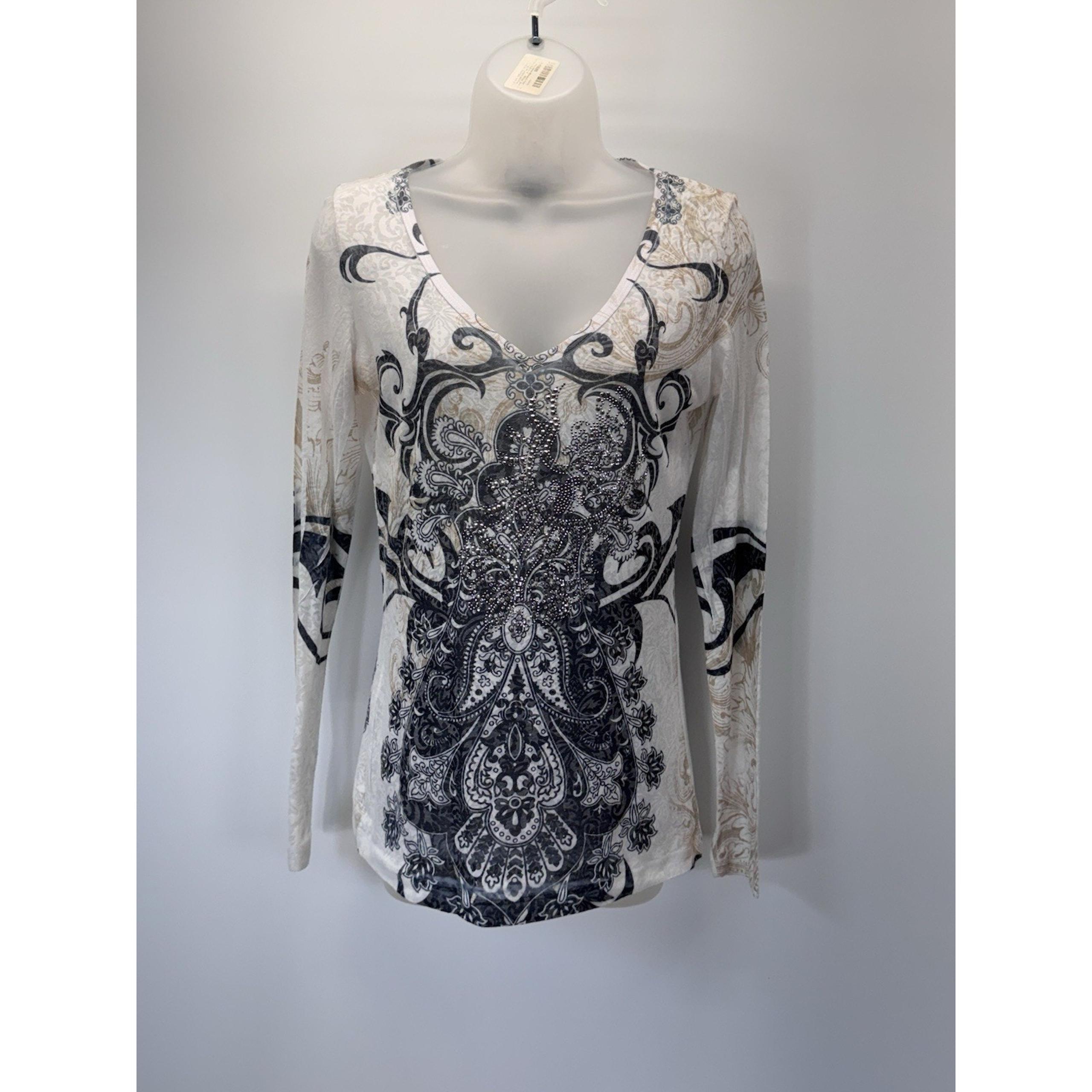 Sledge USA Womens Shirt Top M Stone Stretch Design Rhinestones Black White
