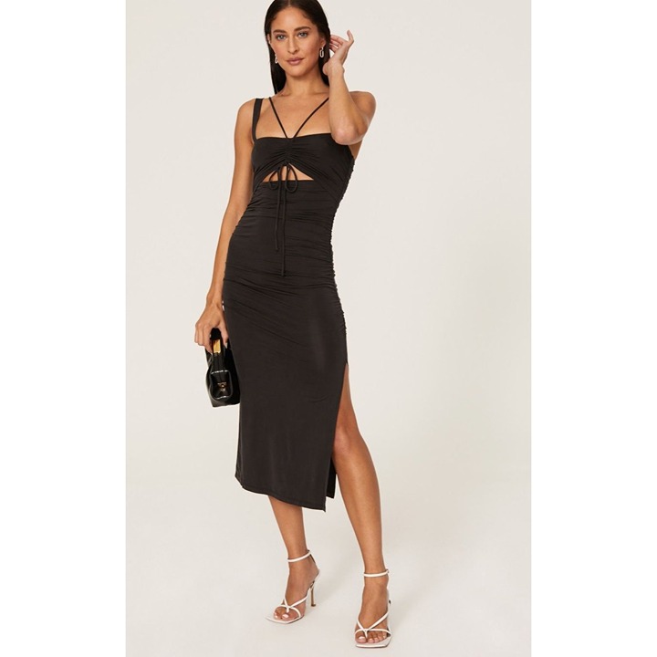 JONATHAN SIMKHAI Lucy Slinky Cutout Ruched Midi Dress Black Size Small