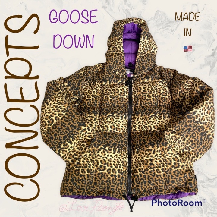 RARE CONCEPTS GOOSE DOWN Puffer Hooded Jacket Leopard Print Size M
