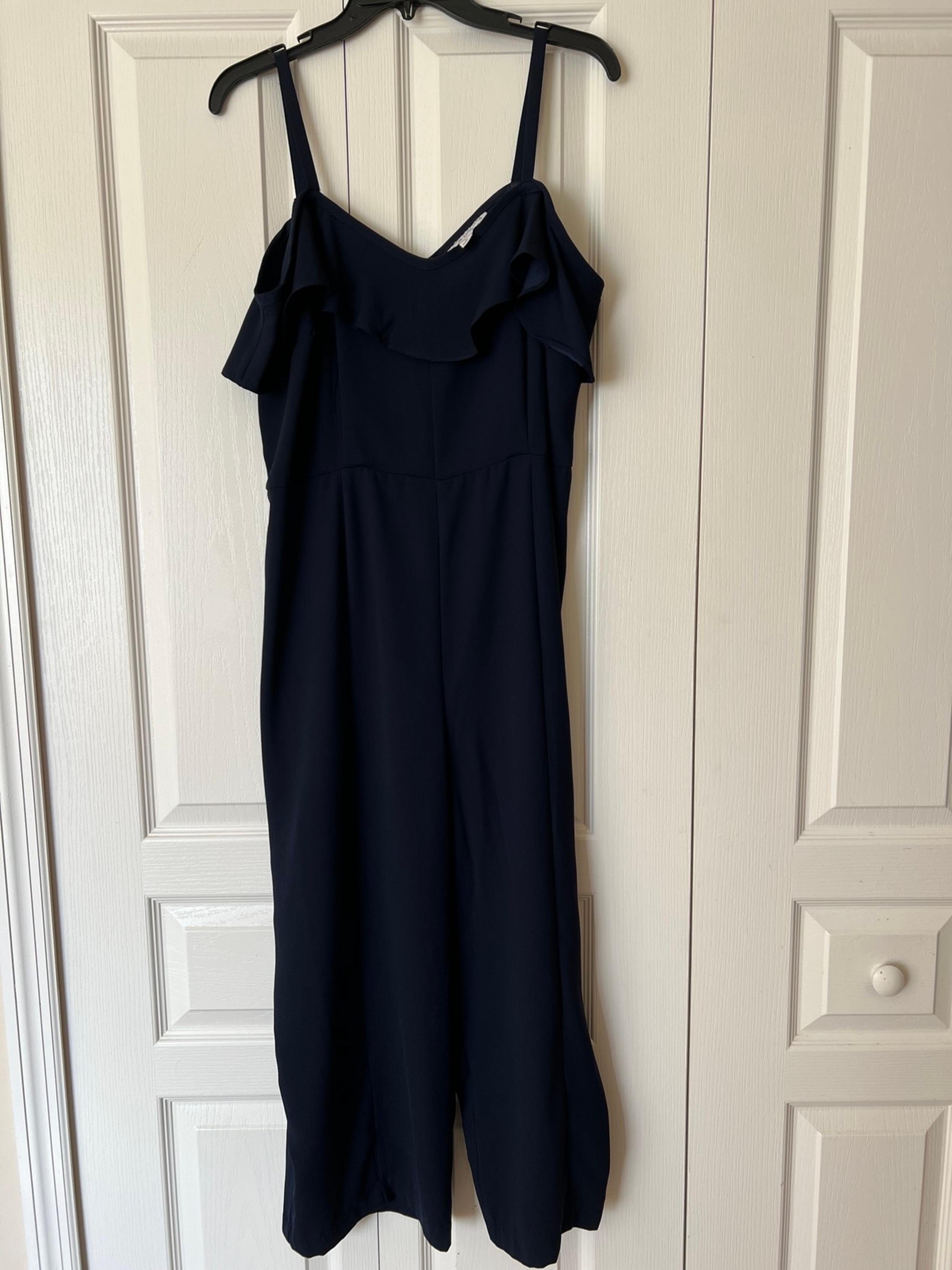 EMMA & MICHELE Jumpsuit Romper Womens Cold Shoulder Navy Blue Crop Pants Size 16
