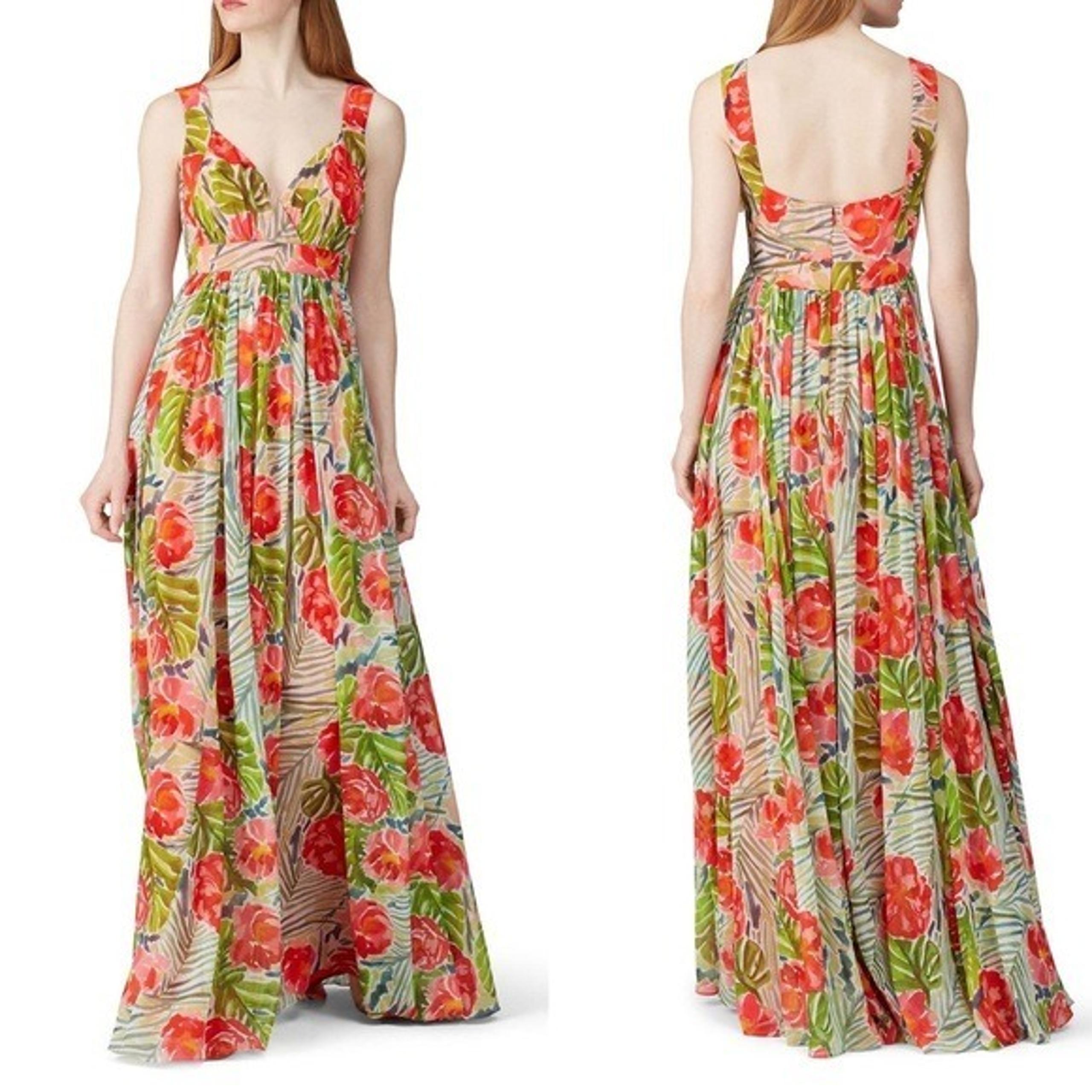 Badgley Mischka Green & Coral Floral Chiffon Maxi Gown Long Dress Size 2