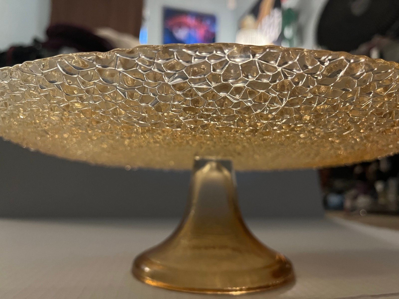 Vetropuro Gold Amber Glass 13” Diameter Pedestal Textured Dessert Stand Plate