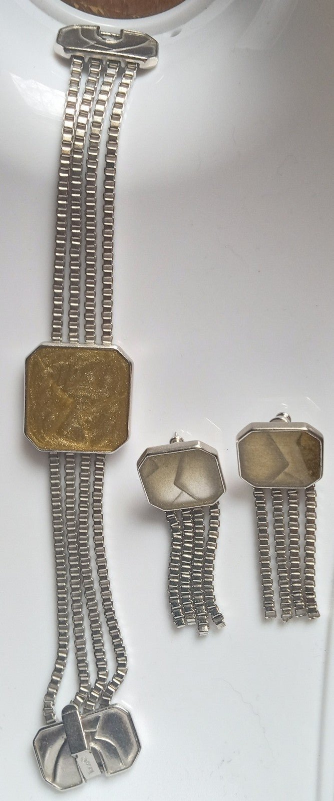 Trifari Matsumoto VTG Art Deco Multi Strand Box Chain Bracelet+ Dangle Earrings