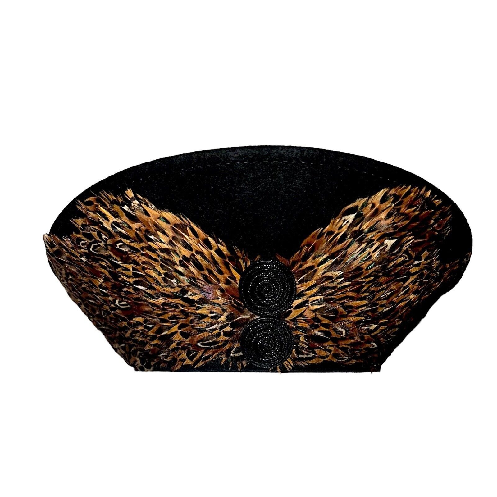 Vintage Black Wool Feathered Bowler Hat With Decorative Black Buttons On Front