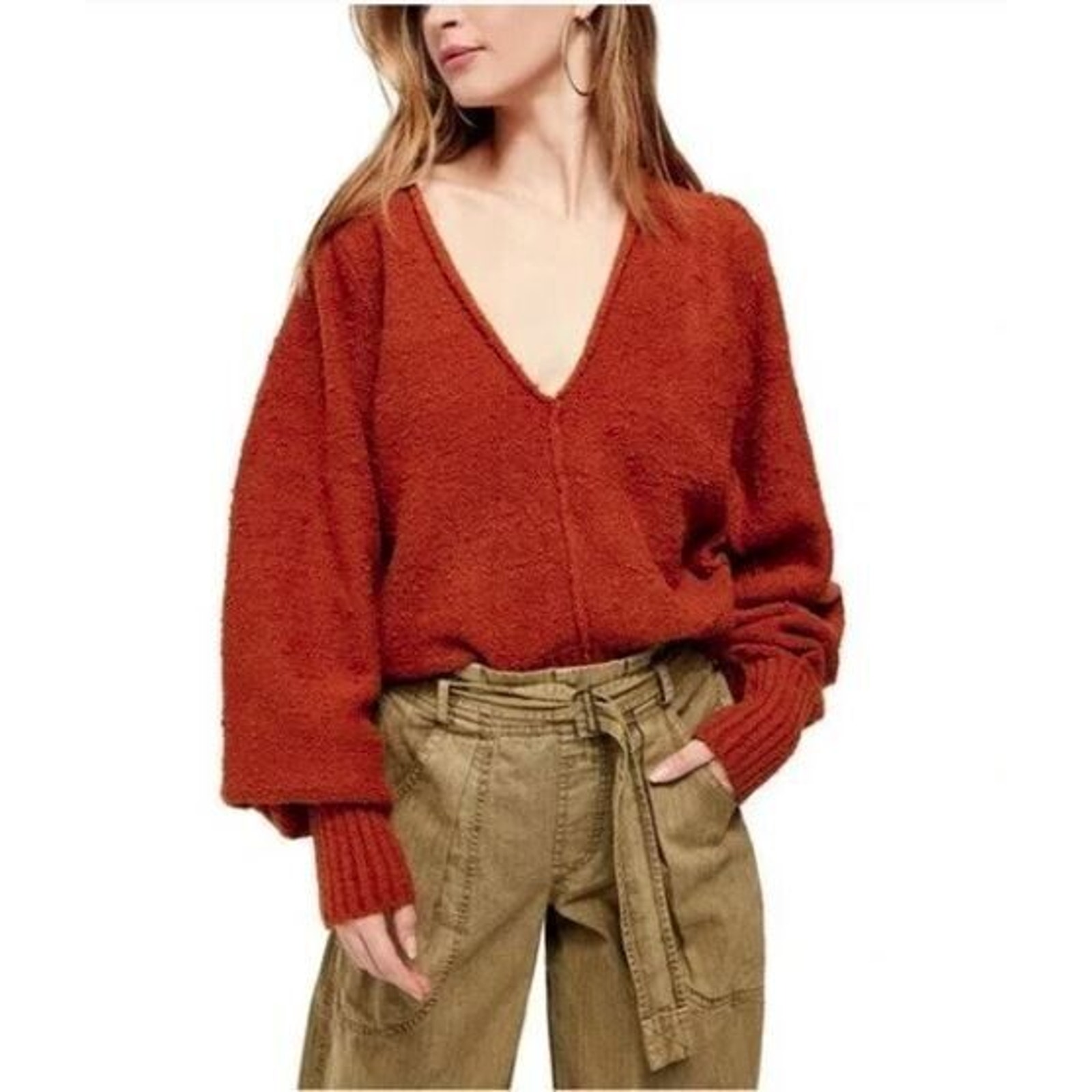 Free People Women's Reverie V-Neck Sweater in Burnt Butter XSmall MSRP 108