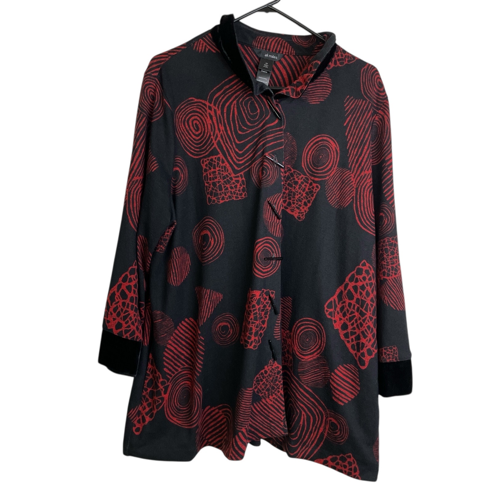 Ali Miles Tunic Top 2XL Plus Womens Red Shirt Knit Button Up Velvet Artsy Wire