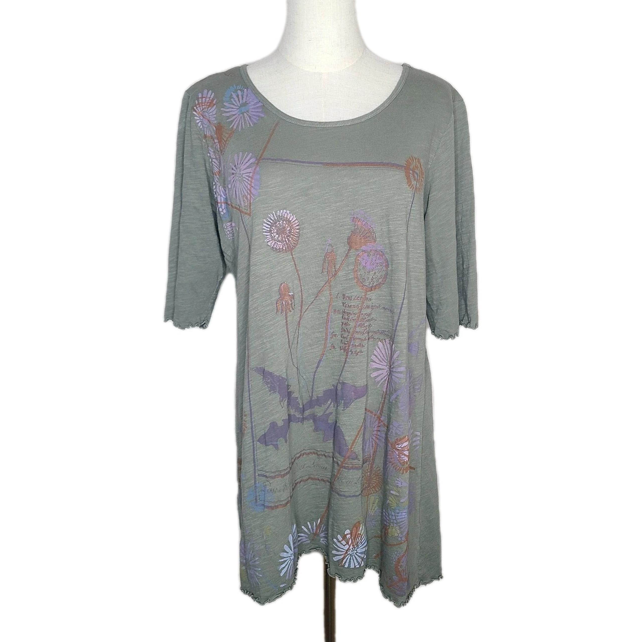 Blue Fish Hand Printed Cotton Top Sz 0 Lagenlook Boho Artwear Tee  Lettuce Edge