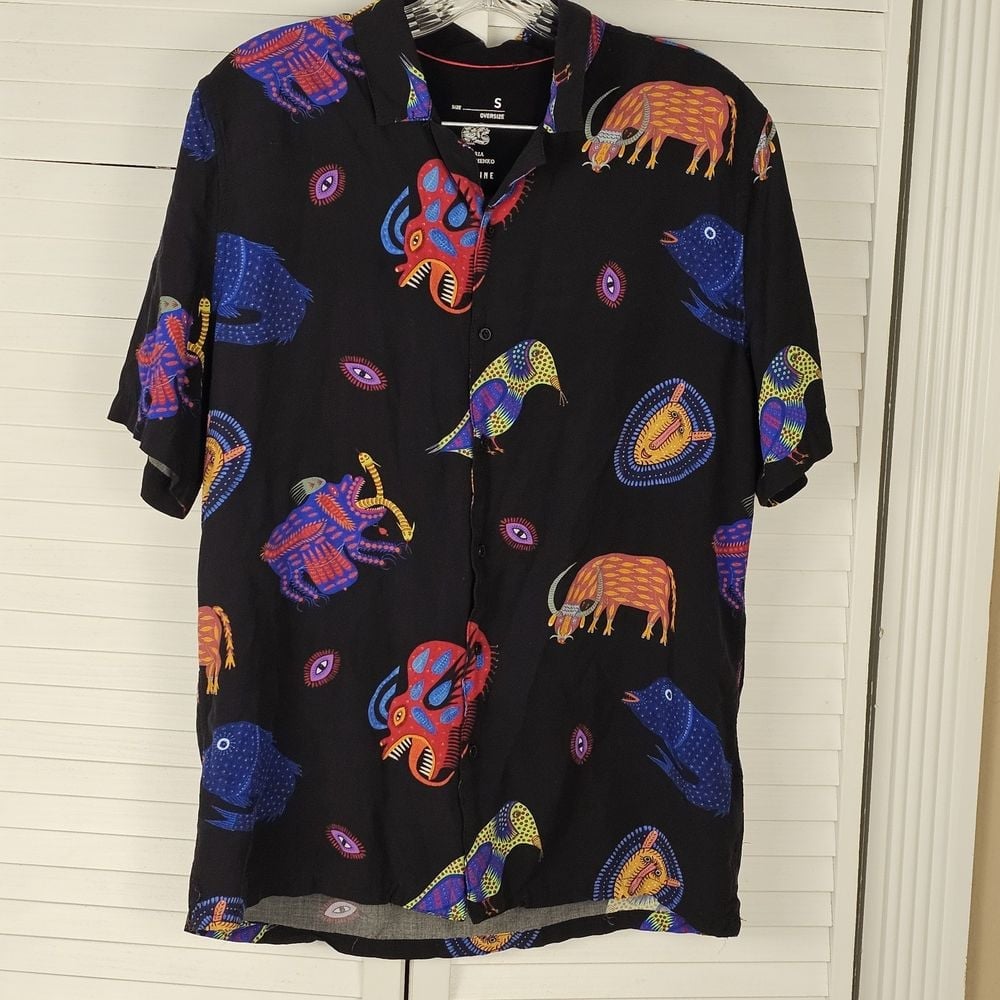 Maria Prymachenko X Medicine Mens Black Hawaiian Shirt Small Oversized