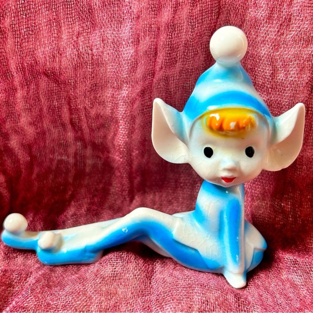 Vintage Mid Century Hand painted Blue Christmas Pixie Elf with Pointed Ears