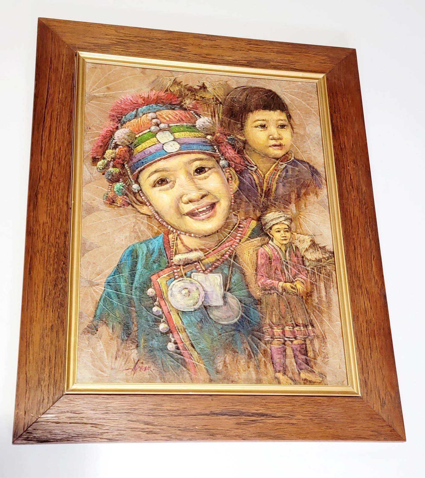 APIRAK - From Thailand Bangkok Gallery- Thai Oil Painting On Leaf, Framed, 20×16