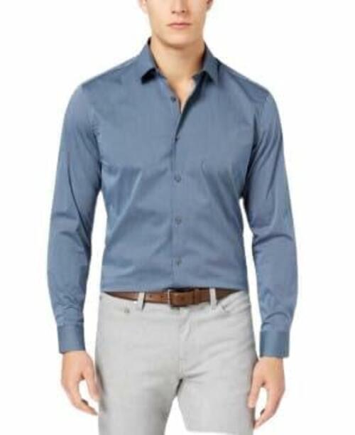 Alfani Men's Stretch Modern Stripe Button Down Shirt Neo Navy Blue Small
