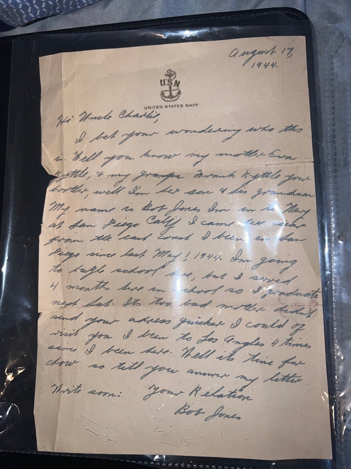 Handwritten Letter US NAVY 1944