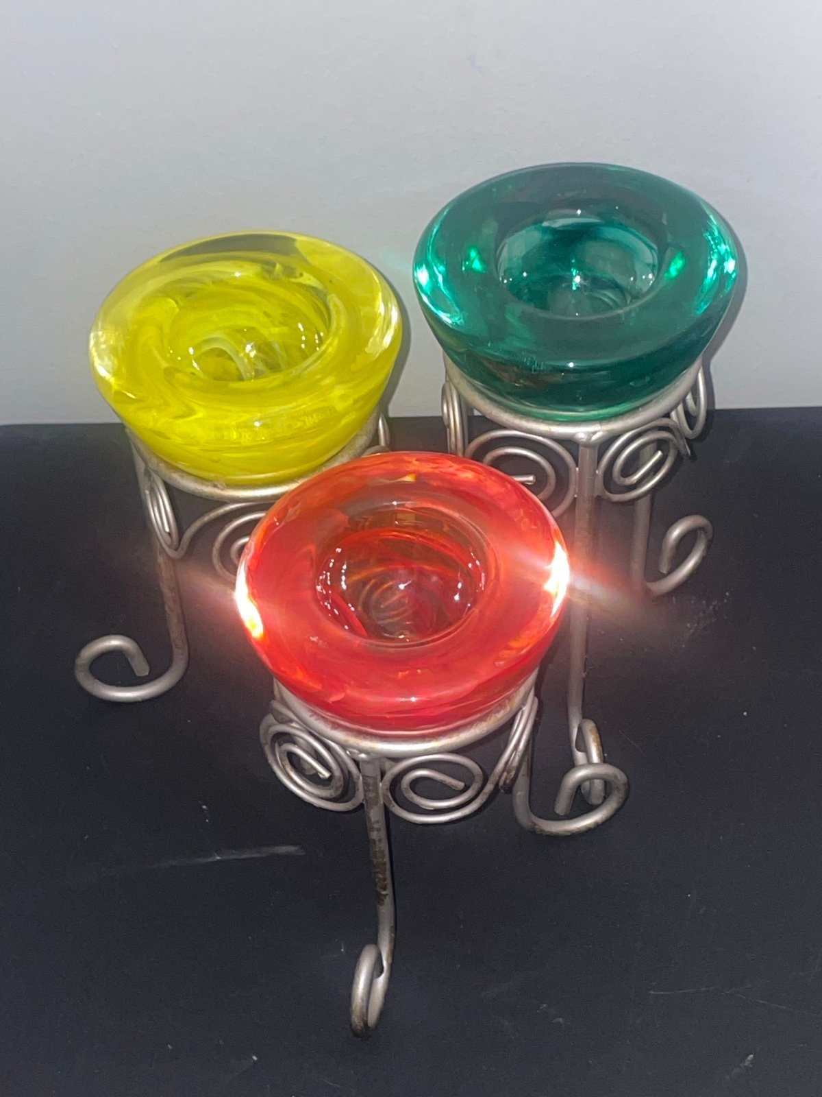 3 Kosta Boda Swirl Bowls Candle Holders, Green, Yellow and red.