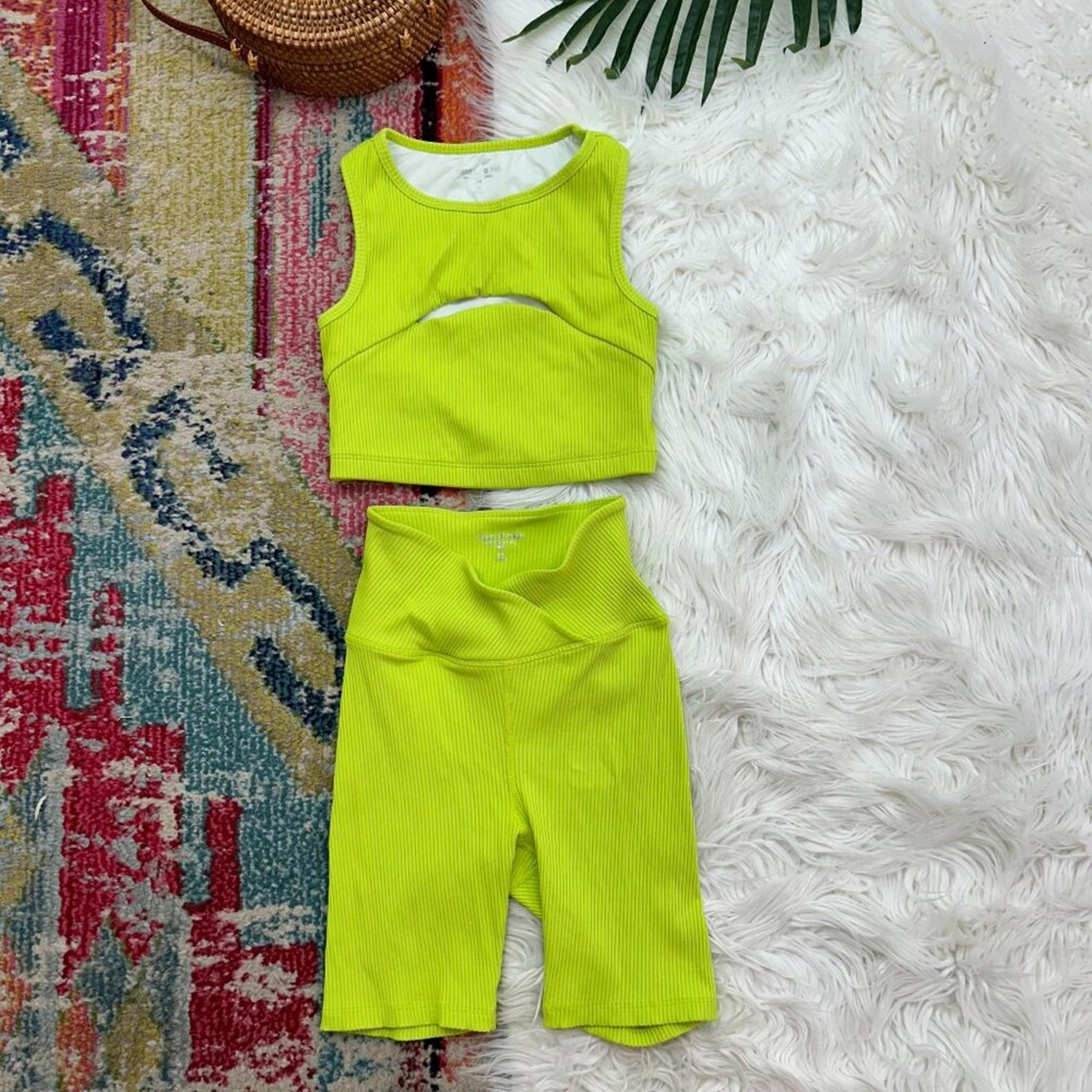 Year Of Ours Lime Green Ribbed Matching Two Piece Set XS Biker Shorts Activewear