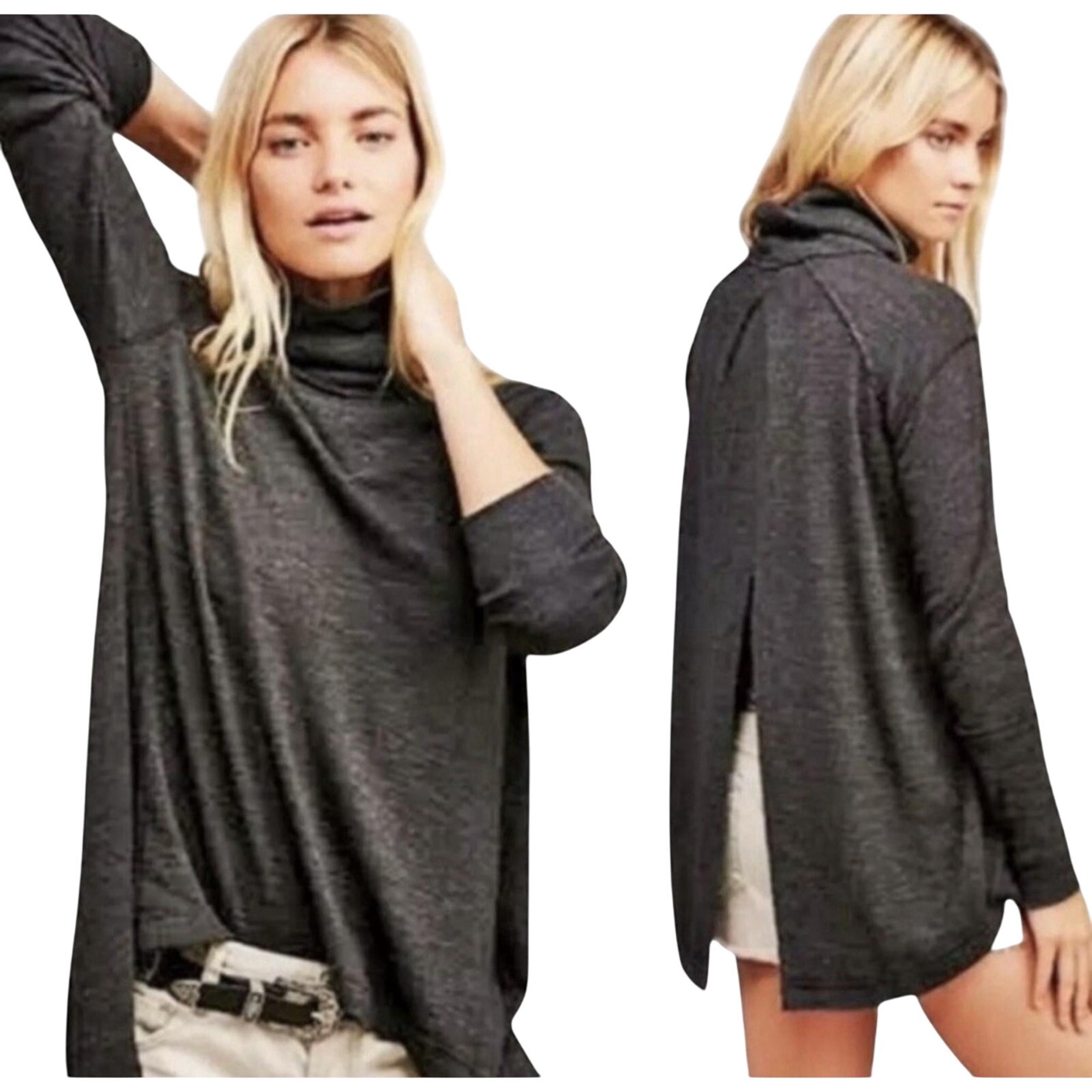 Free People We the Free Gray Split Back Turtleneck Top Size XS Pullover Boho