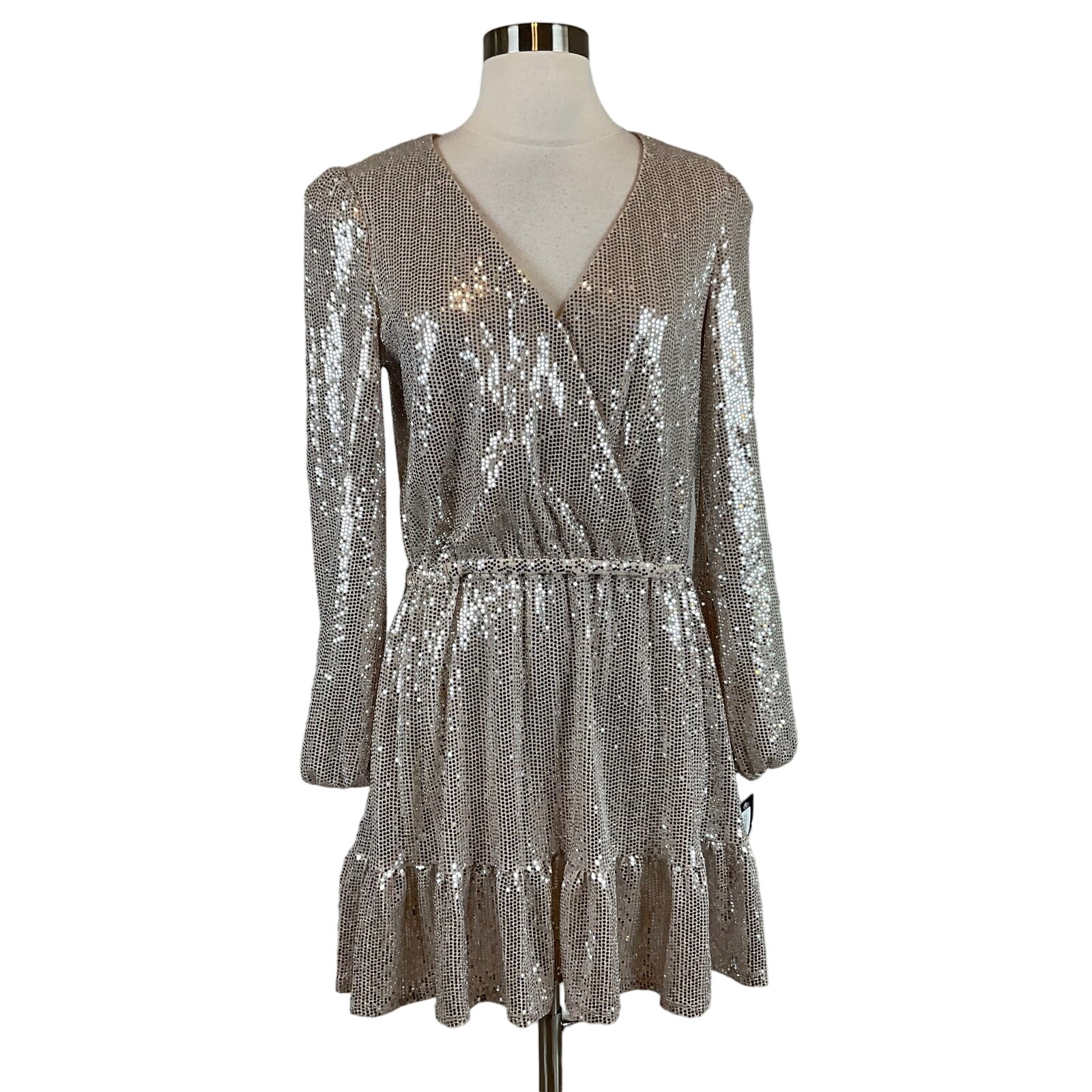 Betsy & Adam Women's Cocktail Dress Size 8 Silver Sequined Fit and Flare Mini