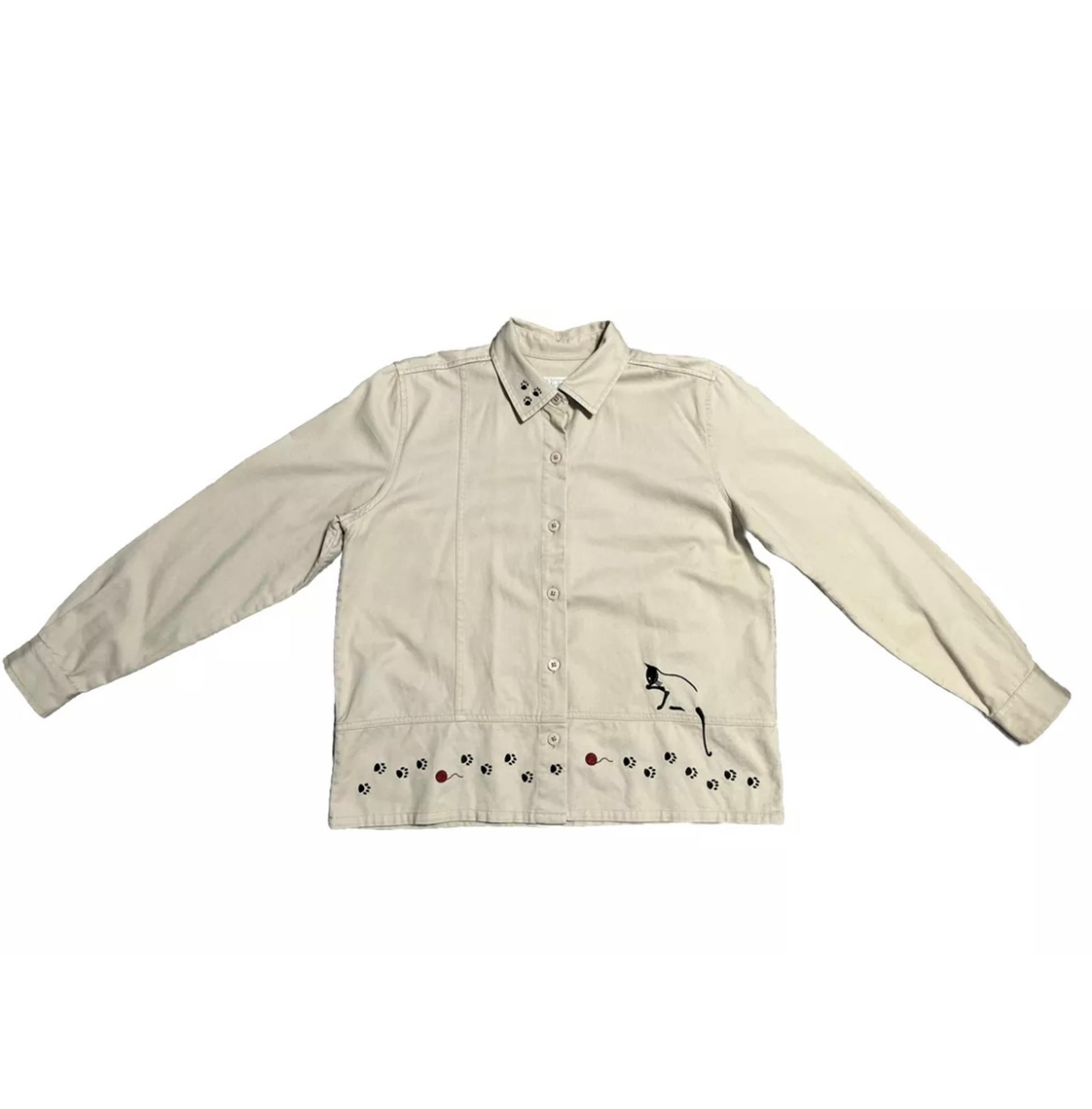 Vintage Christopher & Banks Embroidered Cat Button Down Shirt Womens S Cat Lady