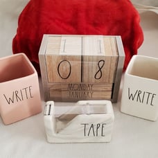 Brand new Rae Dunn Wood Block Calendar, Pen Cups & Tape Dispenser