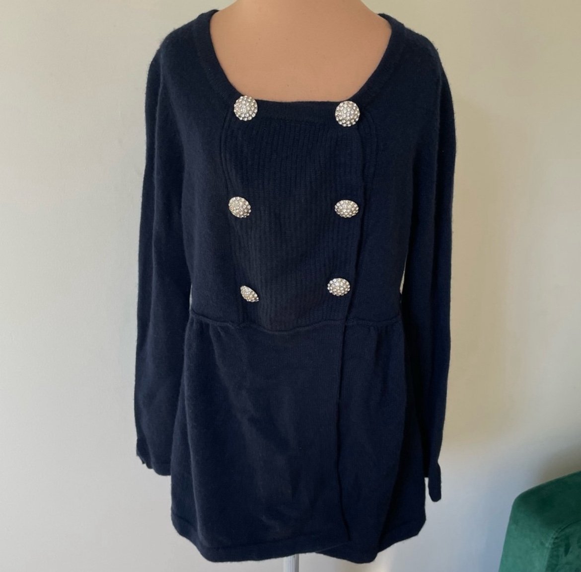 Cortland Park Navy Blue Cashmere Crystal Button Detail Pea Coat Sweater NWT Sz S