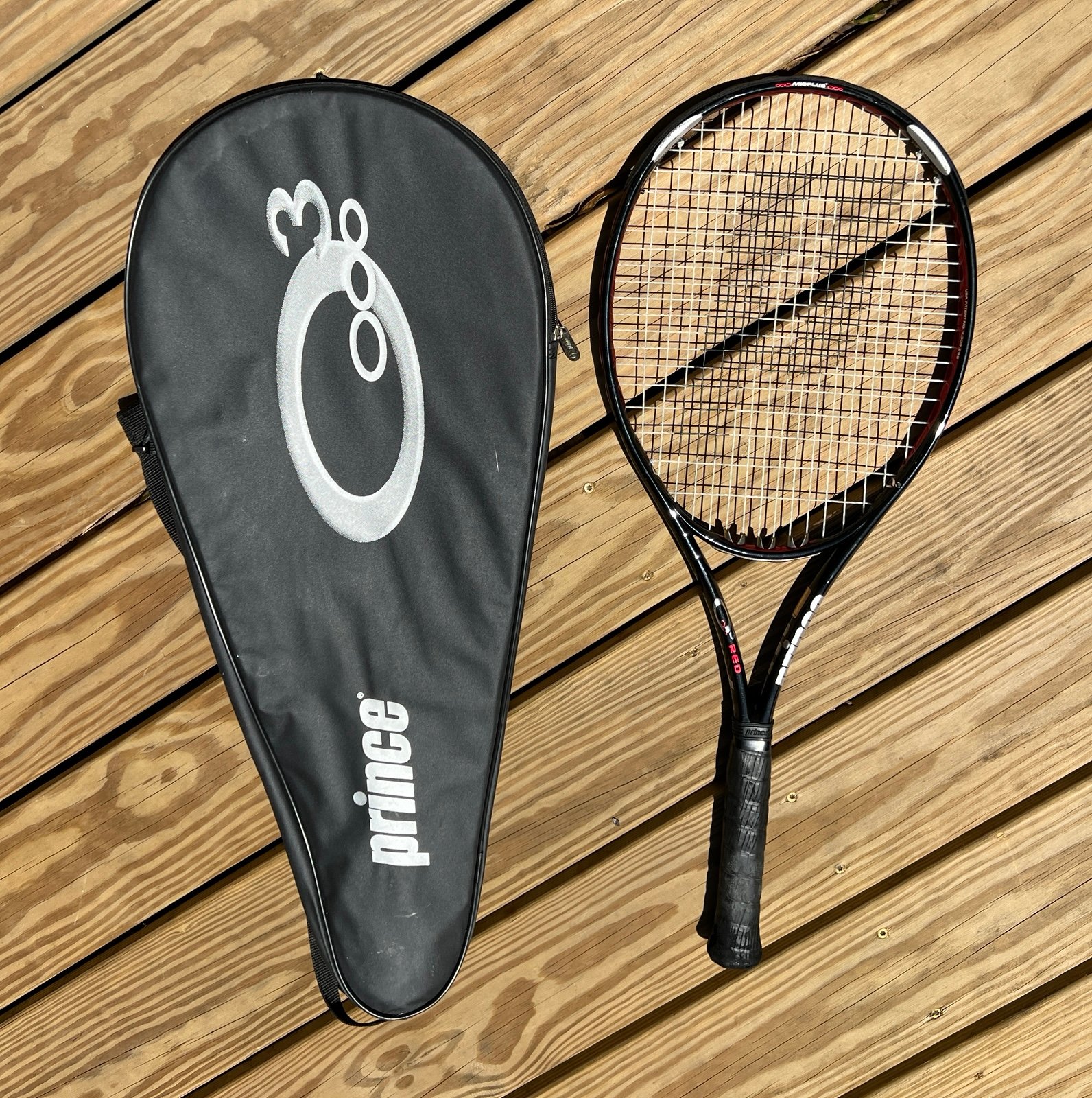 Prince O3 Red Tennis Racquet 105 Midplus (grip size 4) Power 1100 Racket w/ Bag