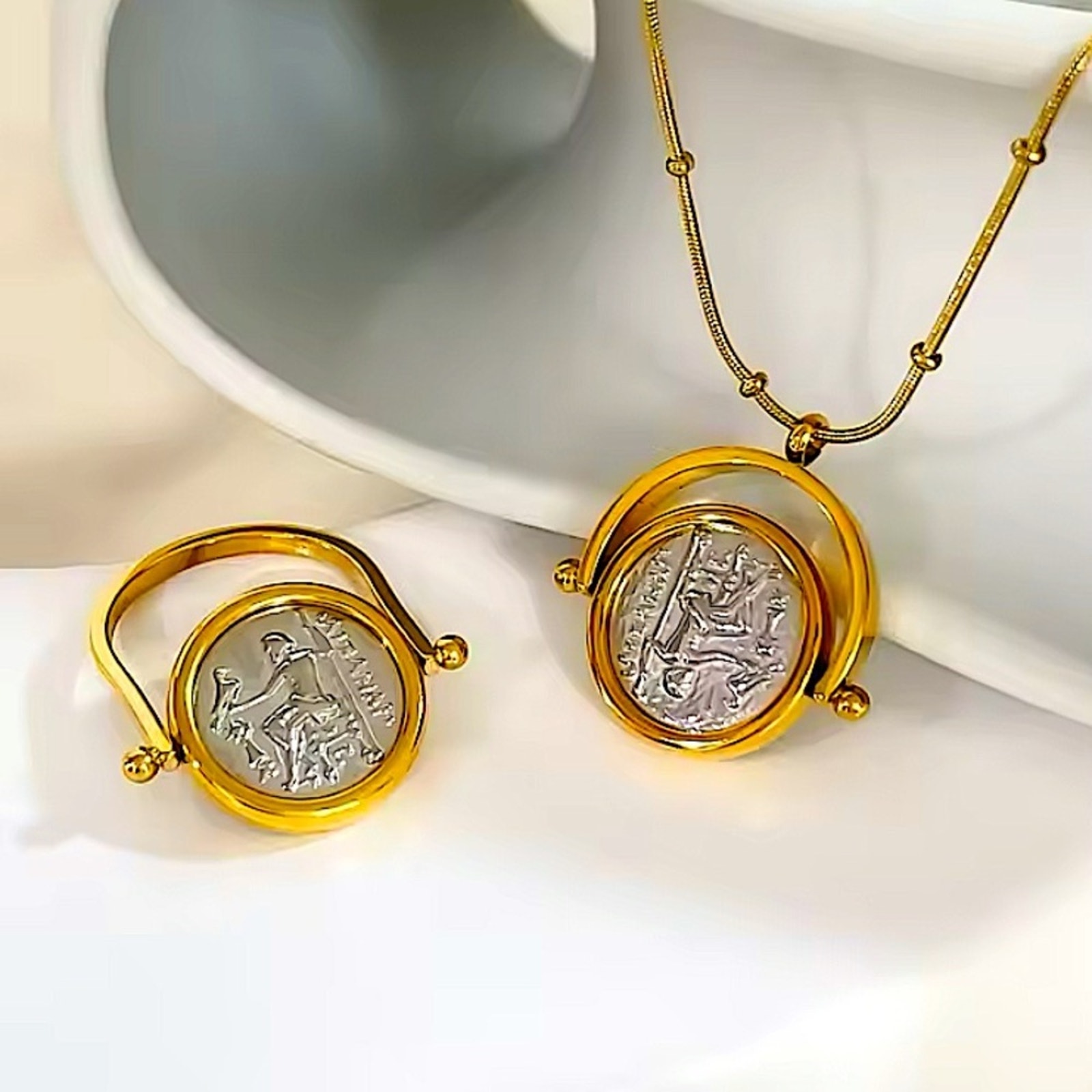 Gold Greek Roman Signet Ring Matching Necklace Set Double Sided Disc God…