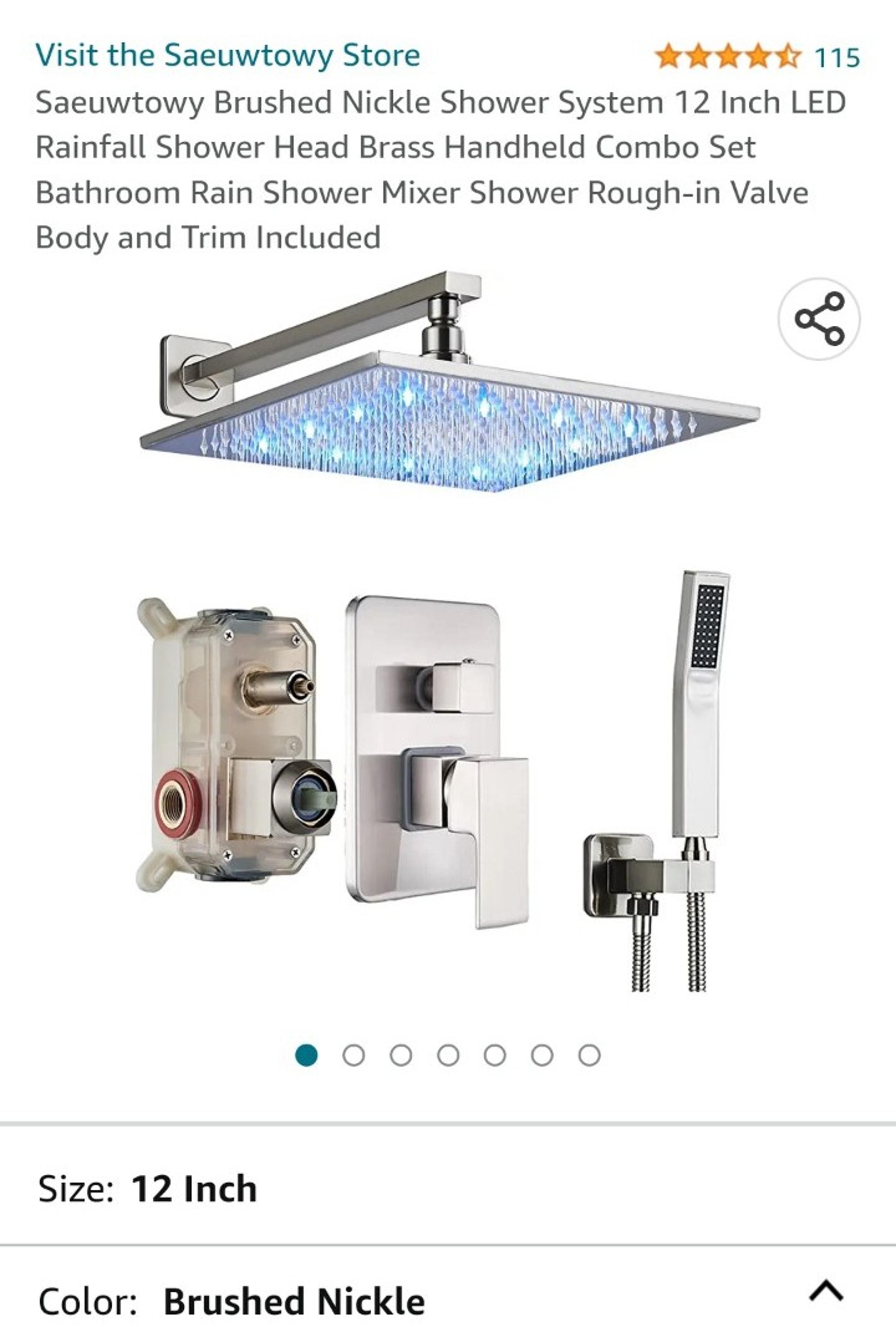 Brushed Nickle Shower System 12 Inch LED Rainfall Shower Head Brass Handheld Com