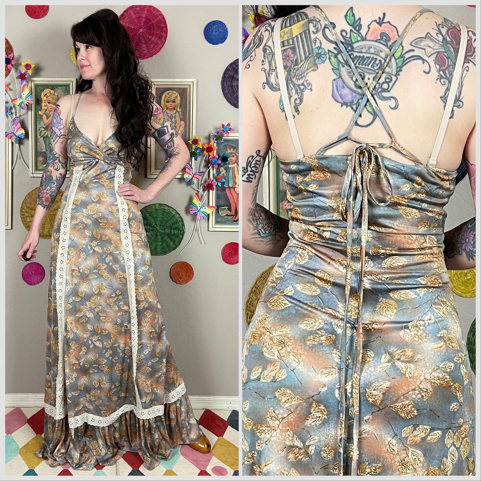 Vintage 1970s Blue and Brown Leaf Print Strappy Back Maxi Dress