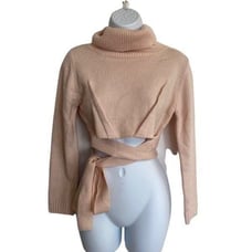 RUNAWAY Brand Turtleneck Tie Waist Crop XS Sz 2 Ribbed Blush Long Sleeve