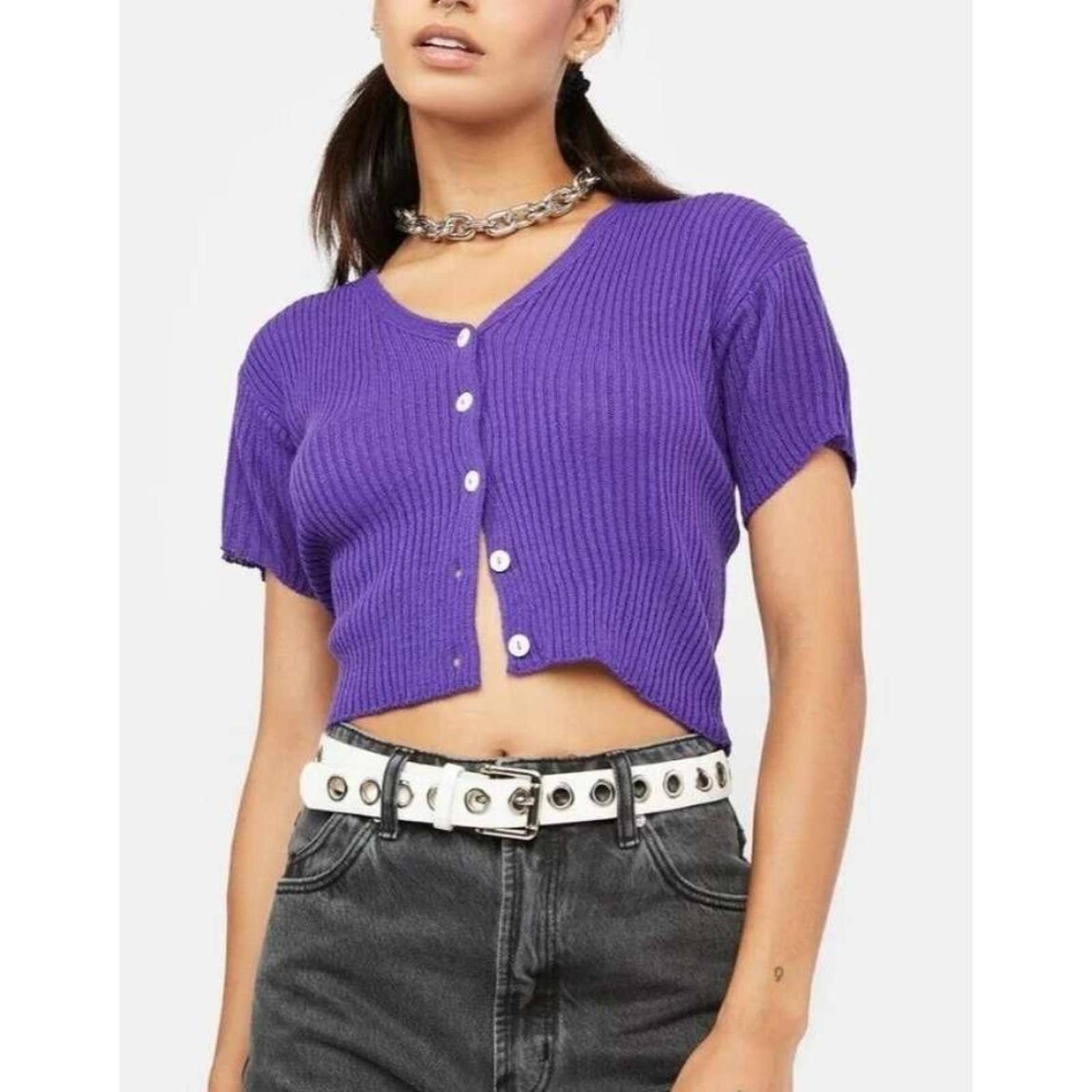 ASOS Daisy Street Purple 90s Knitted Short Sleeve Cardigan Sweater