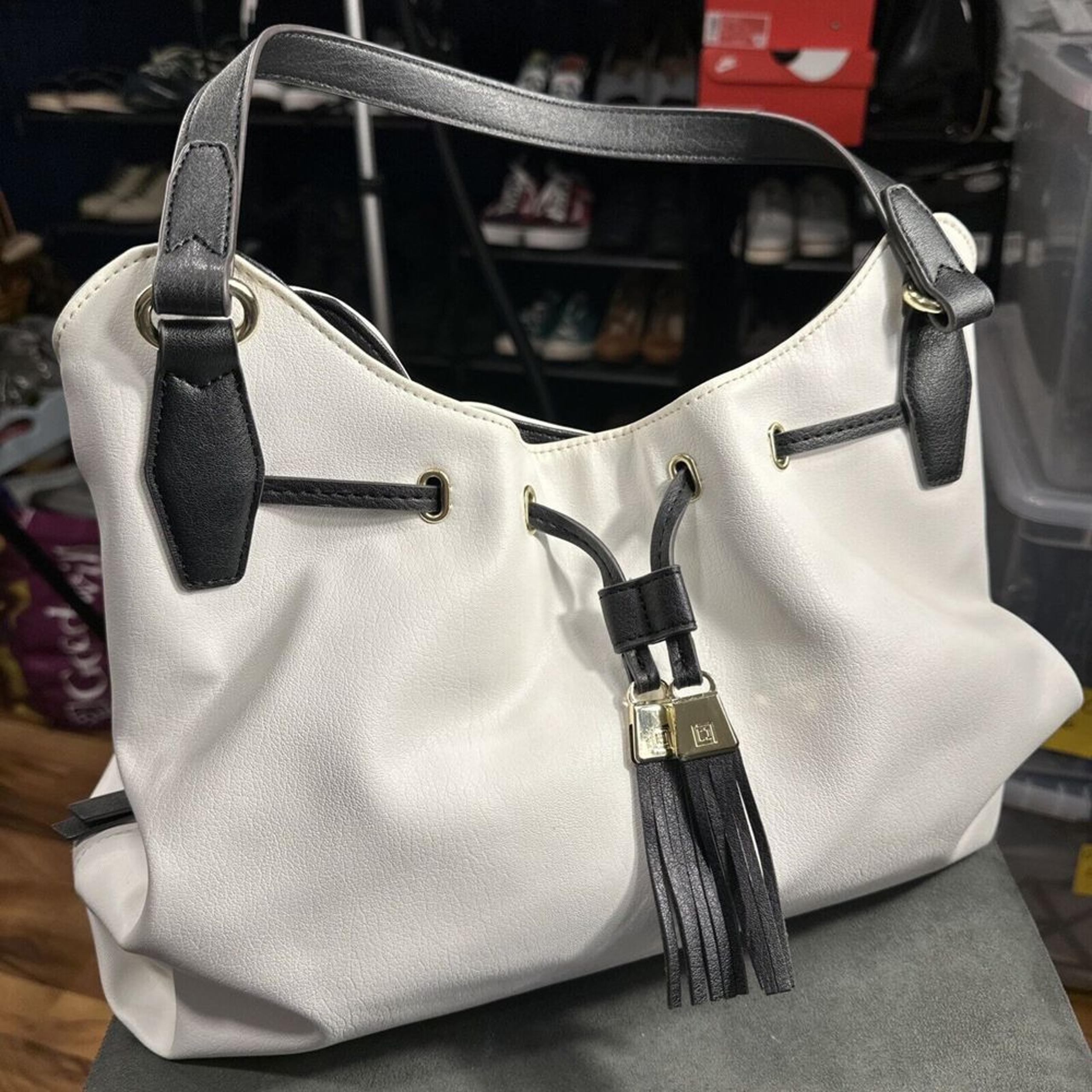 Liz Claiborne White Bucket Purse Black Trim 3 Section & Outside Pocket 15x6x12
