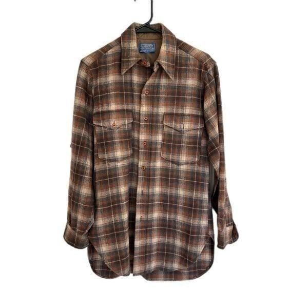 Vintage 50s/60s Era Brown Blue Pendleton Shadow Plaid Wool Flannel Shirt SZ 15